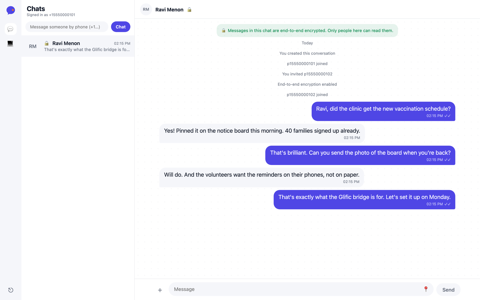 Xoyo web client: an end-to-end encrypted conversation between two field coordinators, with delivery receipts